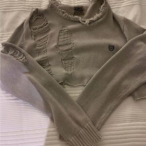 LF Distressed Cropped Crewneck Sweater - Light Taupe